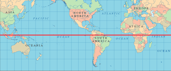 world map with equator lines. The equator centered Mercator