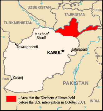 The presently contested part of Afghanistan is in red.